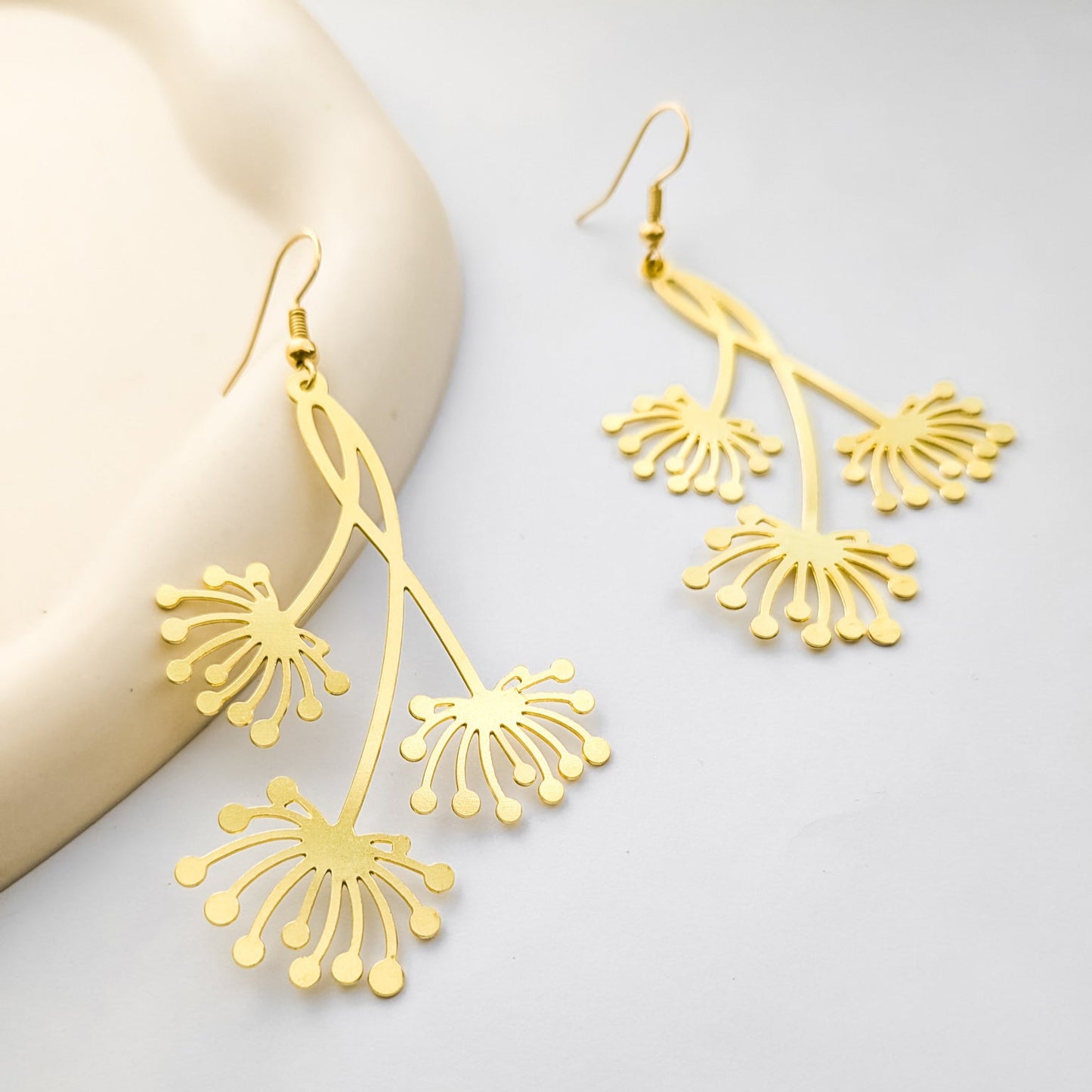 Golden Dandelion Flower statement earrings
