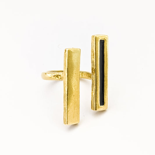 Gold bar and black enamel ring