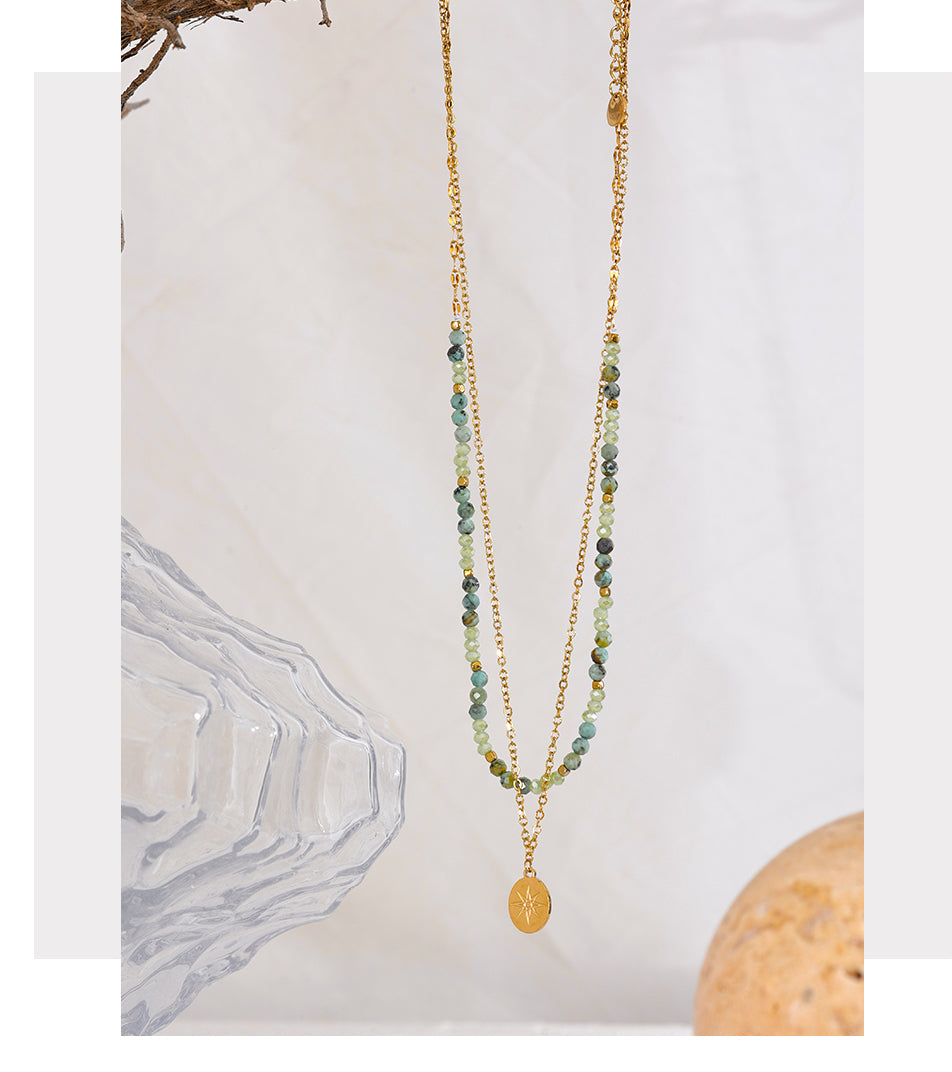 African turquoise layered gold necklace