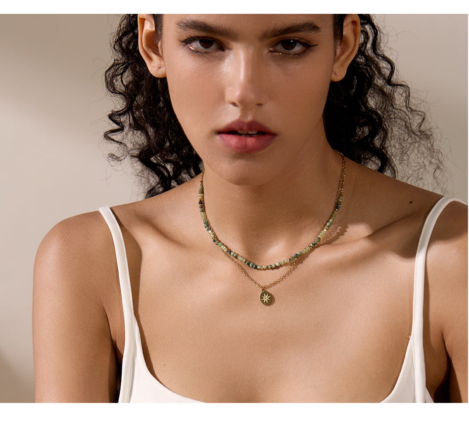 African turquoise layered gold necklace