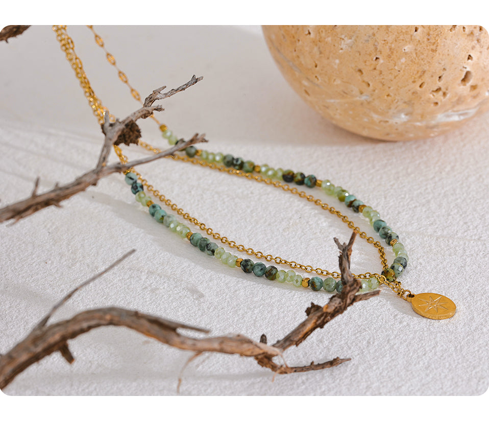 African turquoise layered gold necklace
