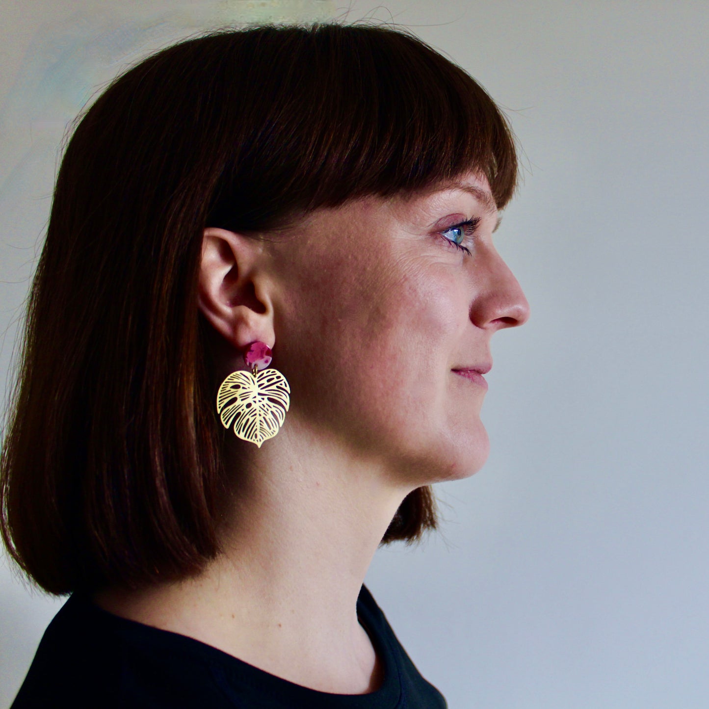 gold monstera leaf studs