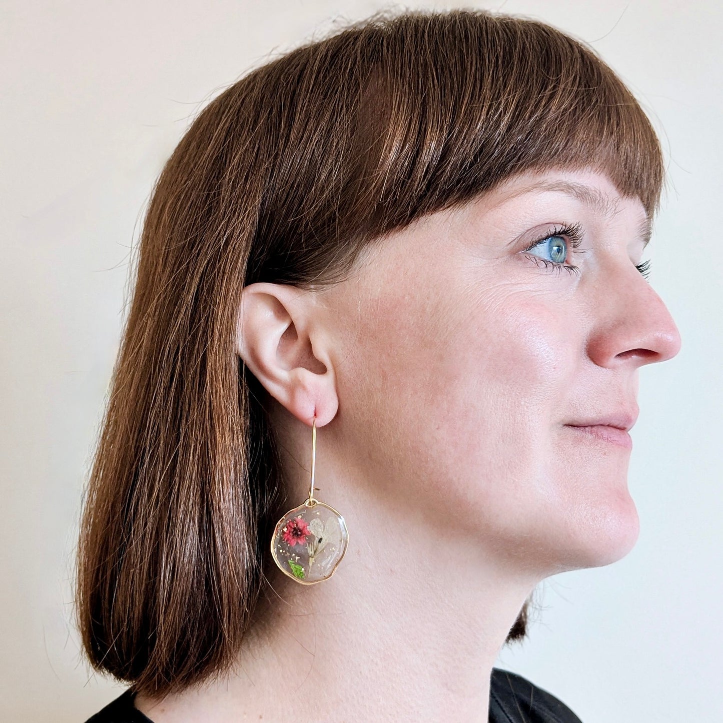 Gold Pressed flower hoop earrings