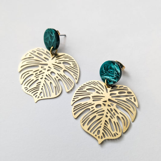 Green Monstera Stud Earrings