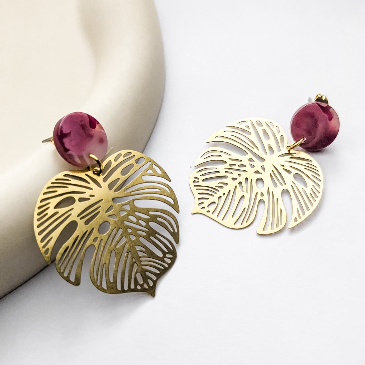 Pink monstera leaf stud earrings